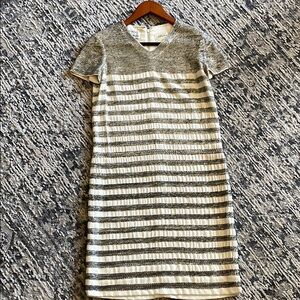 Cream and Silver Sheath Midi Dress with Crew Neck